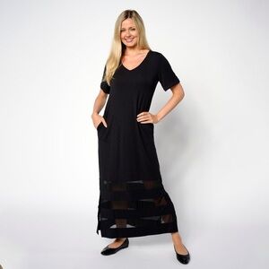 Colleen Lopez Black V-Neck Maxi Dress with Sheer Stripe Hem